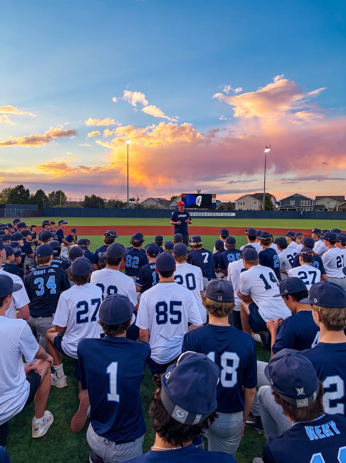High school players in a team huddle at the Road2Gameday field at dusk