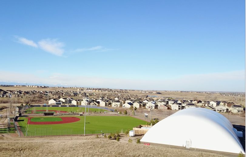 Aerial view of the Gameday complex with baseball field and indoor dome
