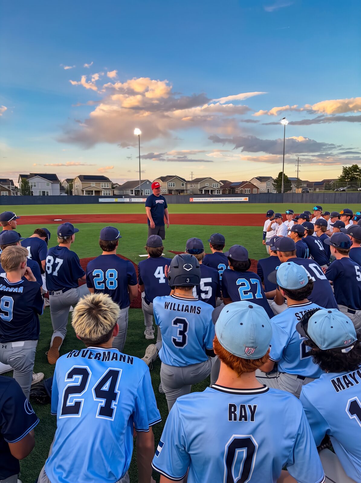 Gameday high school players gathered around a coach at sunset