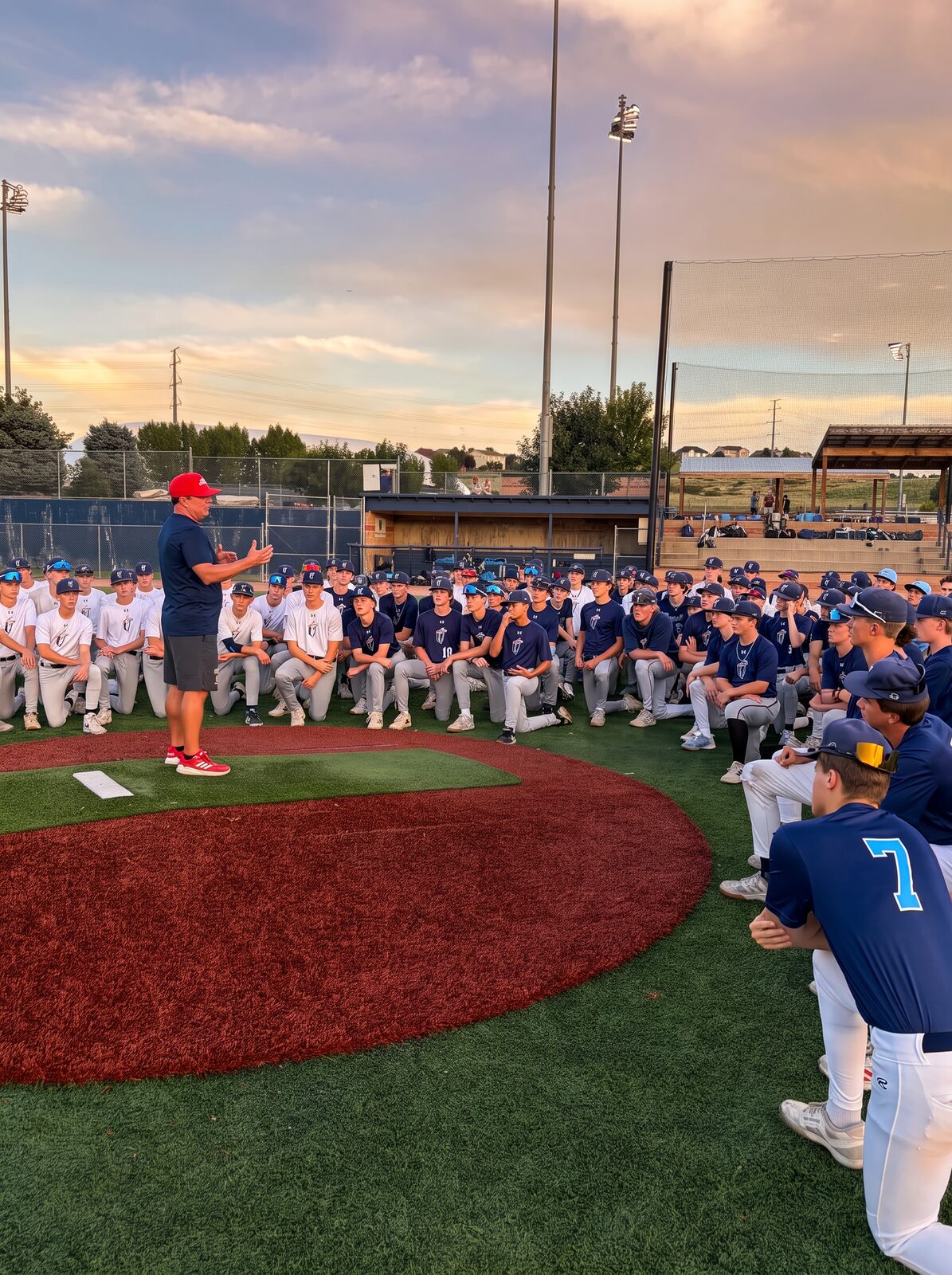 Coach speaking to the high school program on the field in the evening