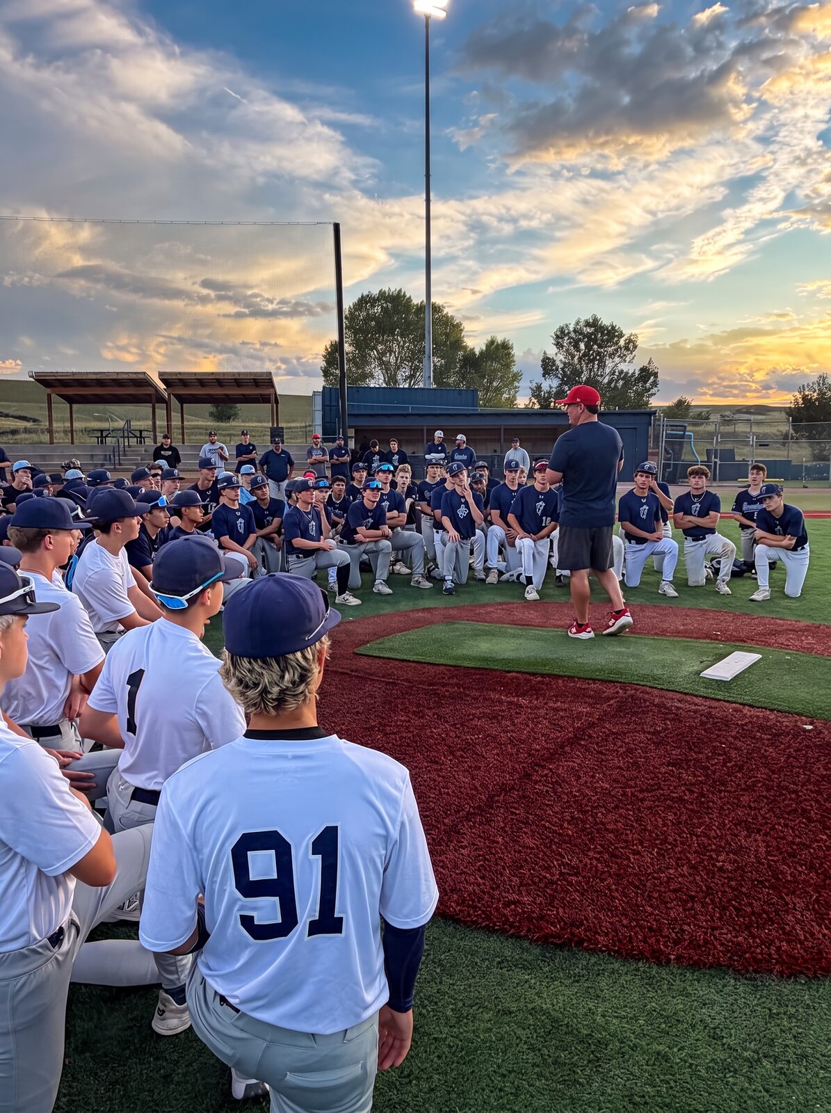 Gameday high school teams listening to a coach during an evening session