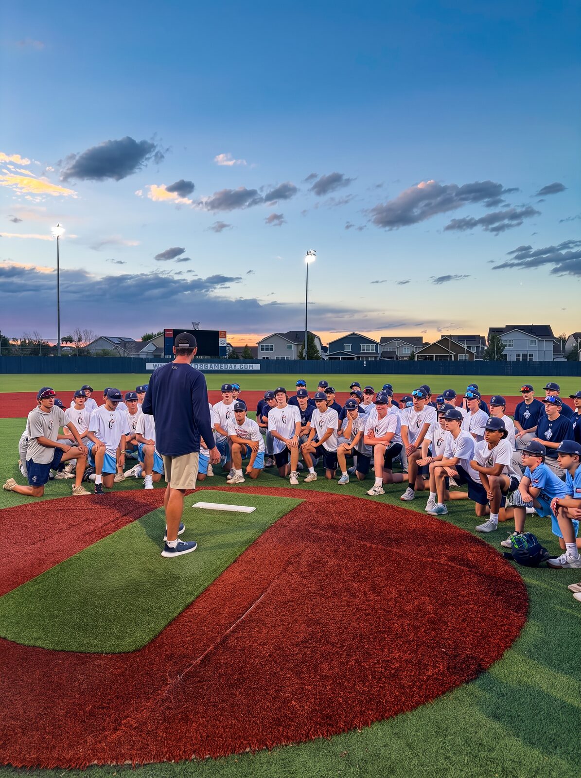 Coach addressing Gameday high school players on the mound at sunset