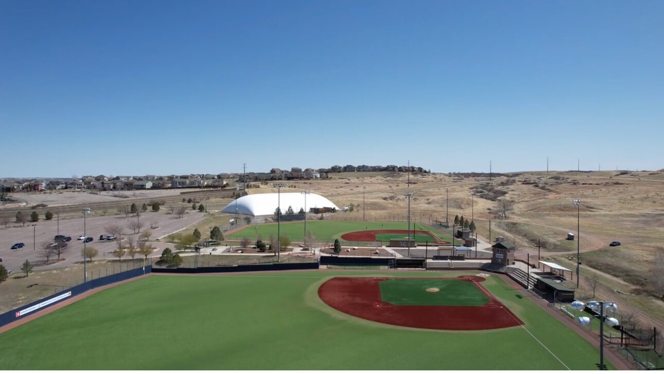 Aerial view of Double Angel Ballpark with the 30,000 sq ft training bubble