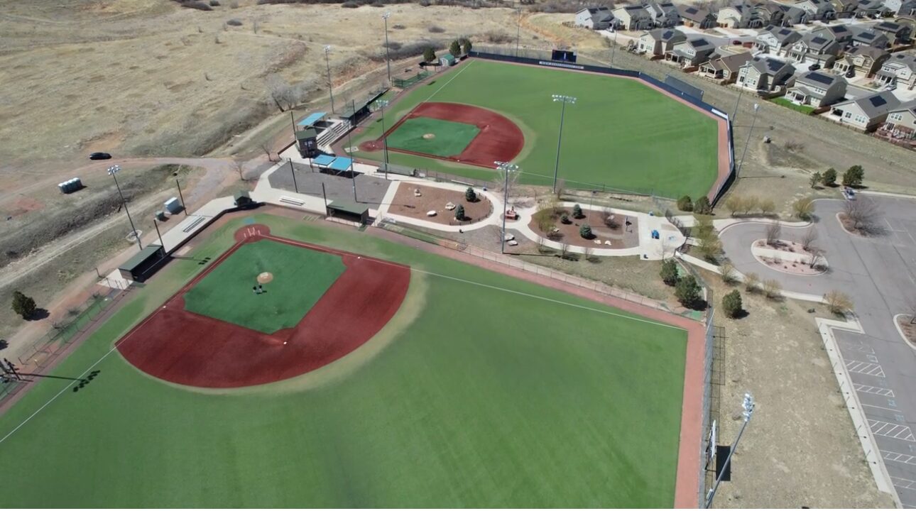 Aerial view of the two lighted turf fields at Double Angel Ballpark
