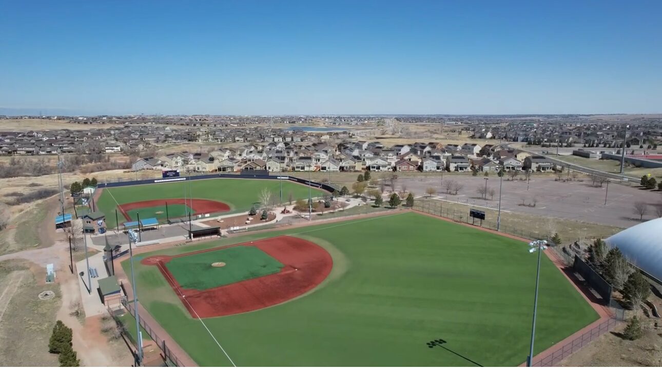 Aerial view of the two lighted turf fields at Double Angel Ballpark in Parker, Colorado