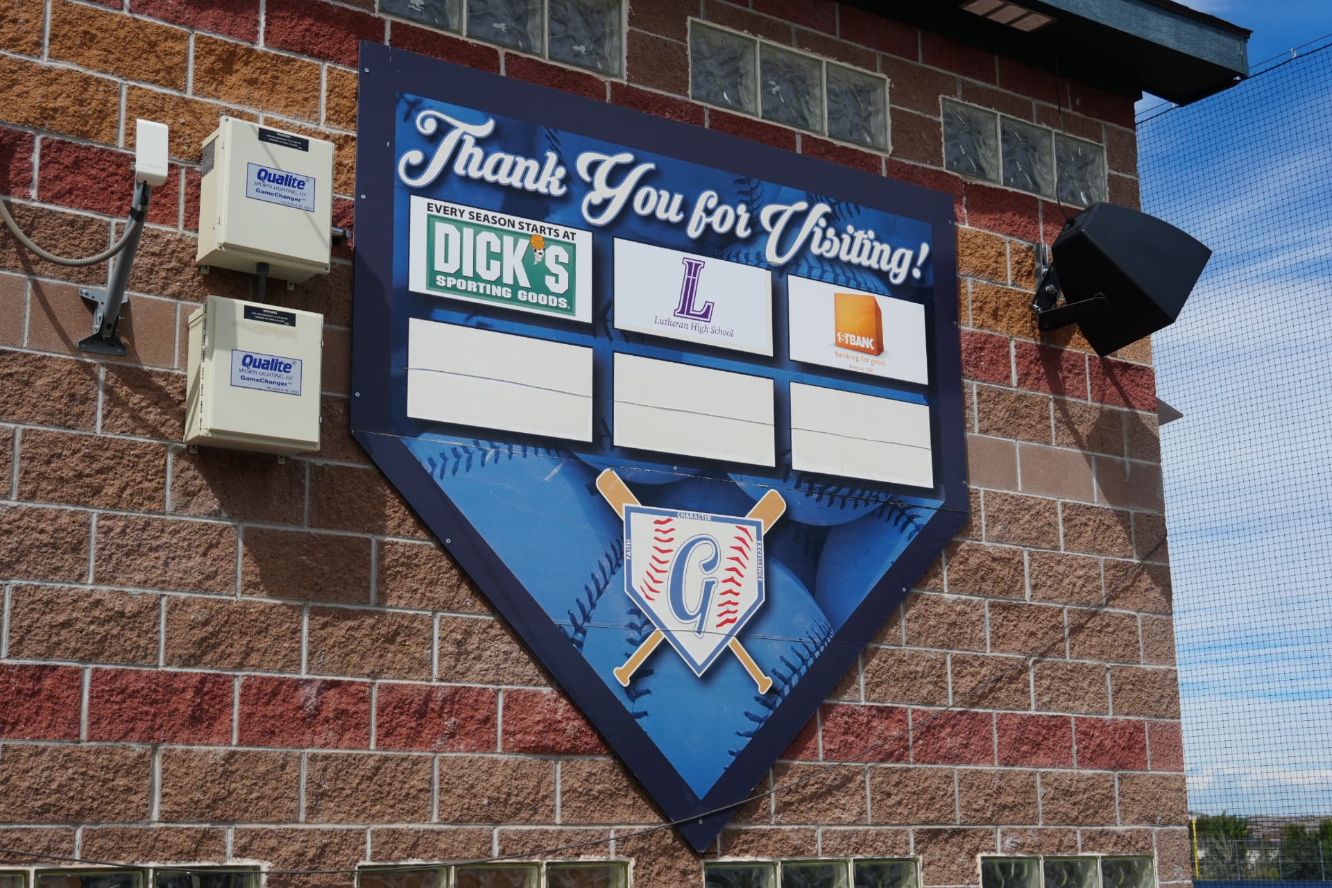 Gameday sponsor wall at Double Angel Ballpark with open sponsor slots